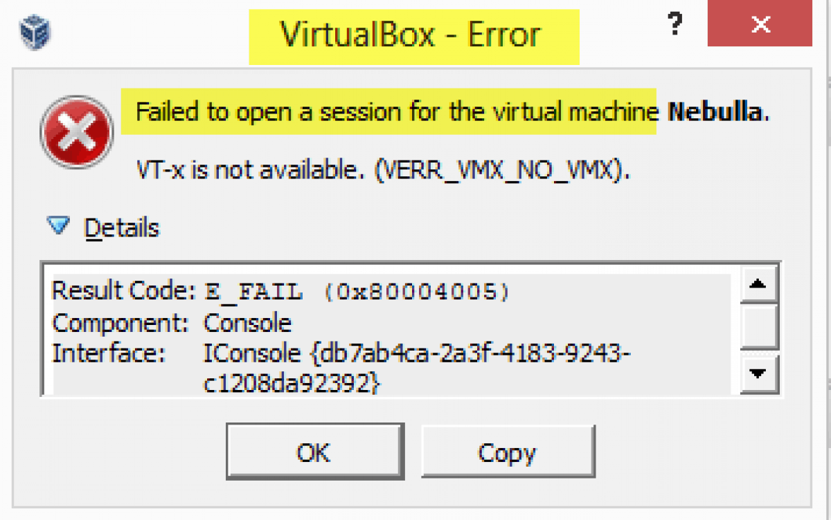 Virtualbox код ошибки e fail