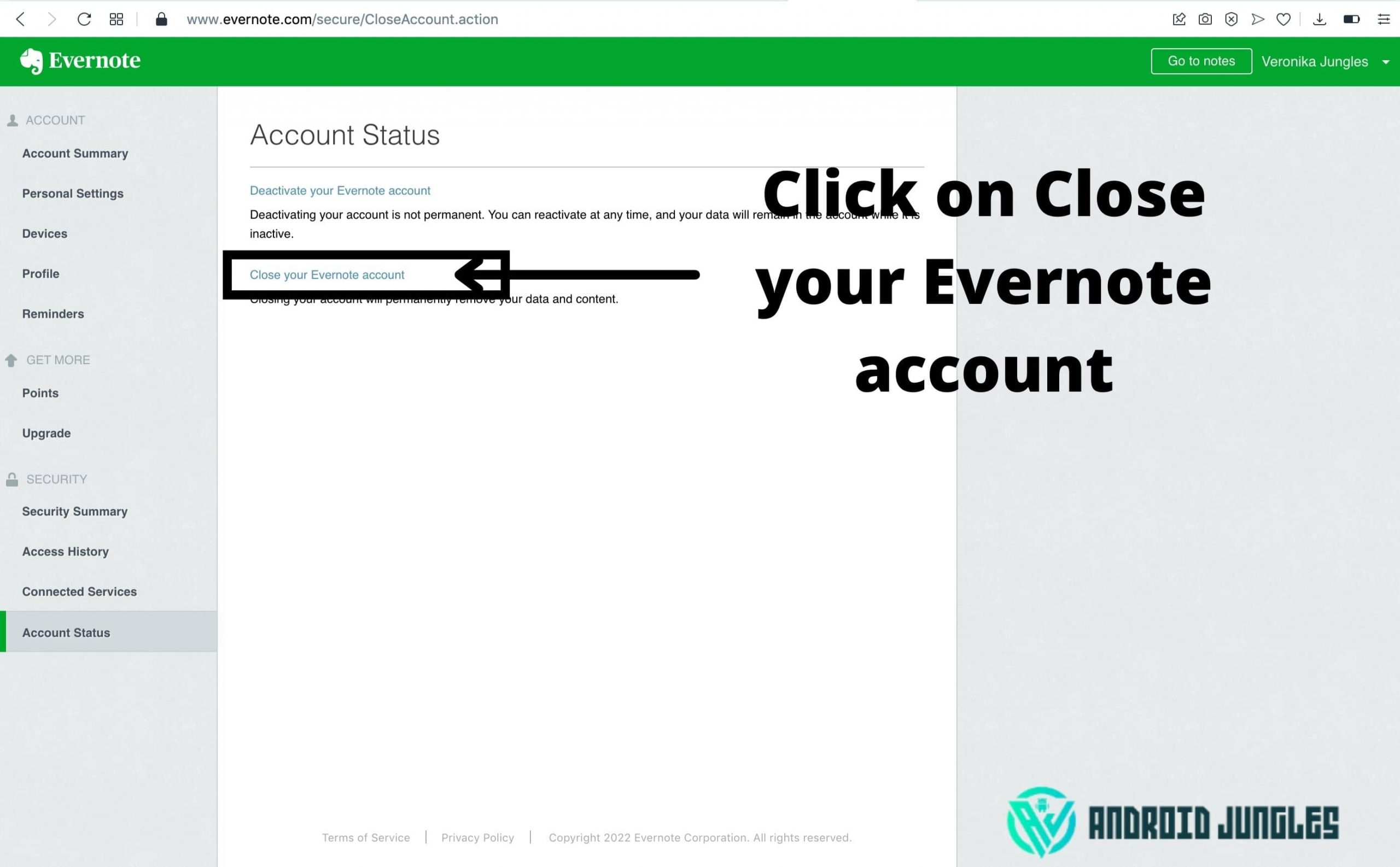 Click on Close your Evernote account