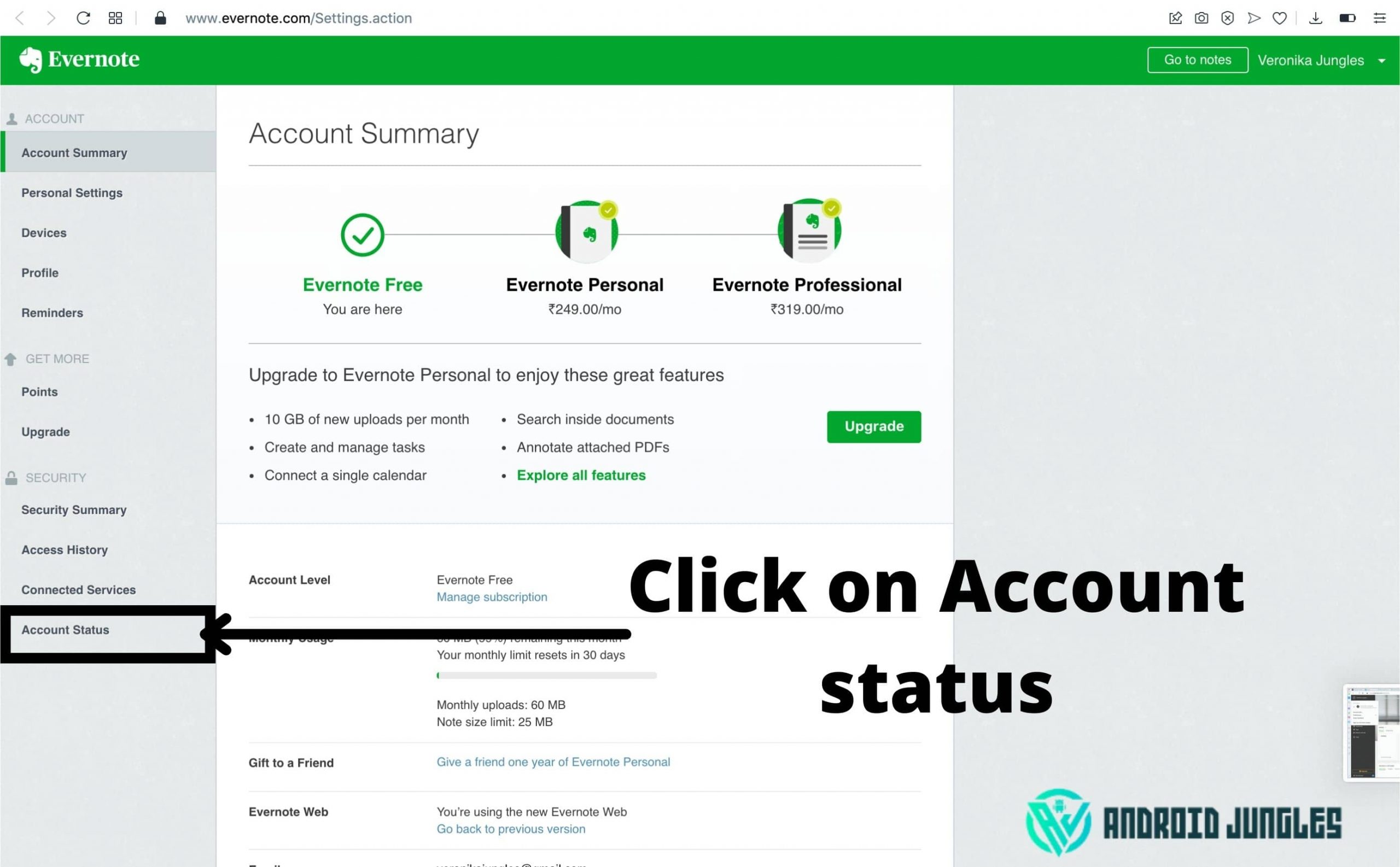 Click on account status